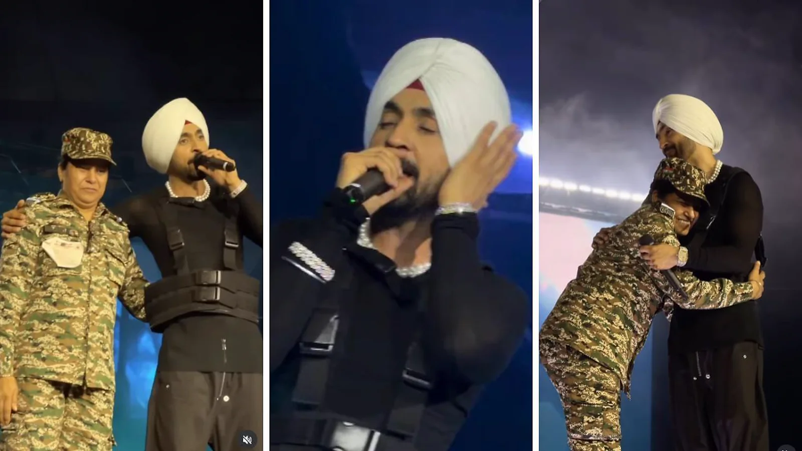 Diljit Dosanjh with a CRPF woman jawan on stage at his Delhi concert.