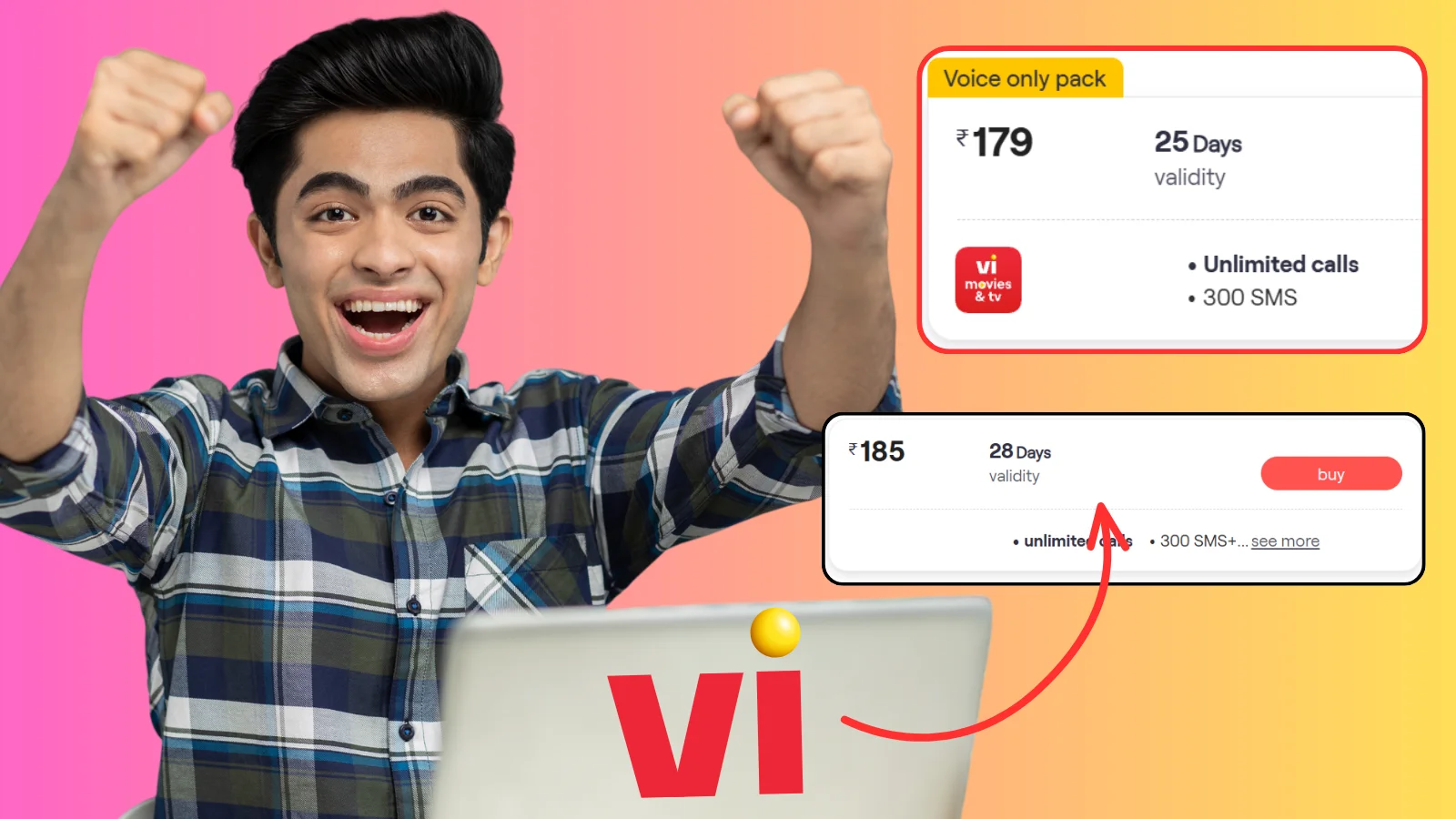 Vi voice only prepaid plan options showing Rs 179 and Rs 185 packs with unlimited calls.