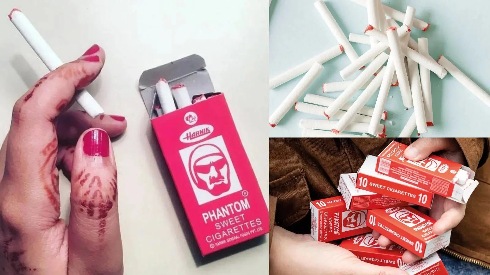 Phantom sweet cigarette packs and candy sticks.