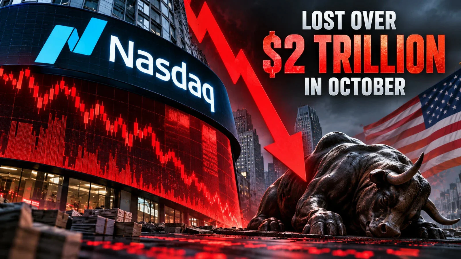 A Nasdaq screen showing falling charts and a bear, with text on October losses.