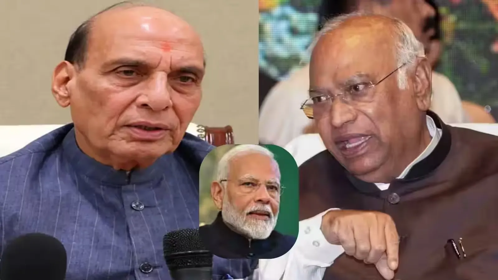 Defence Minister Rajnath Singh and Congress president Mallikarjun Kharge, with Prime Minister Narendra Modi in inset.