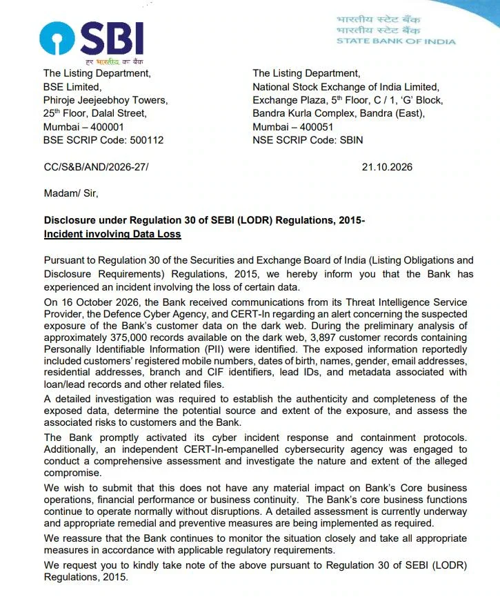 SBI's filing document