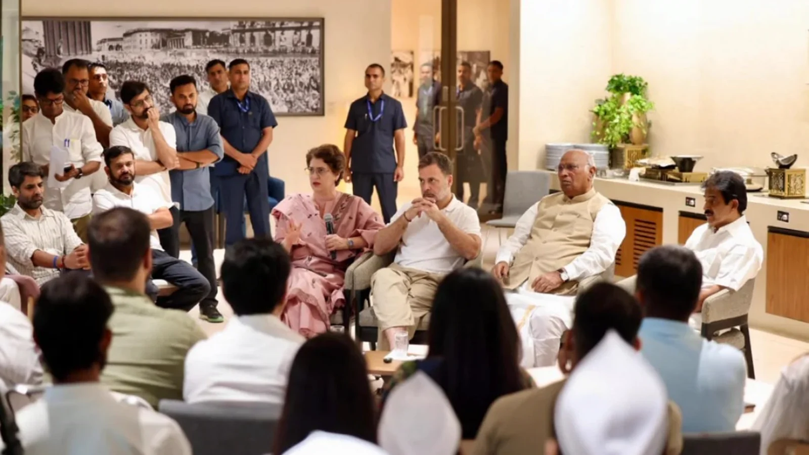INDIA bloc leaders, including Rahul Gandhi and Priyanka Gandhi, at a meeting.