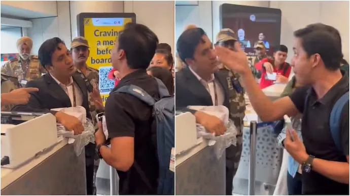 Angry passengers arguing with SpiceJet staff at Delhi airport.