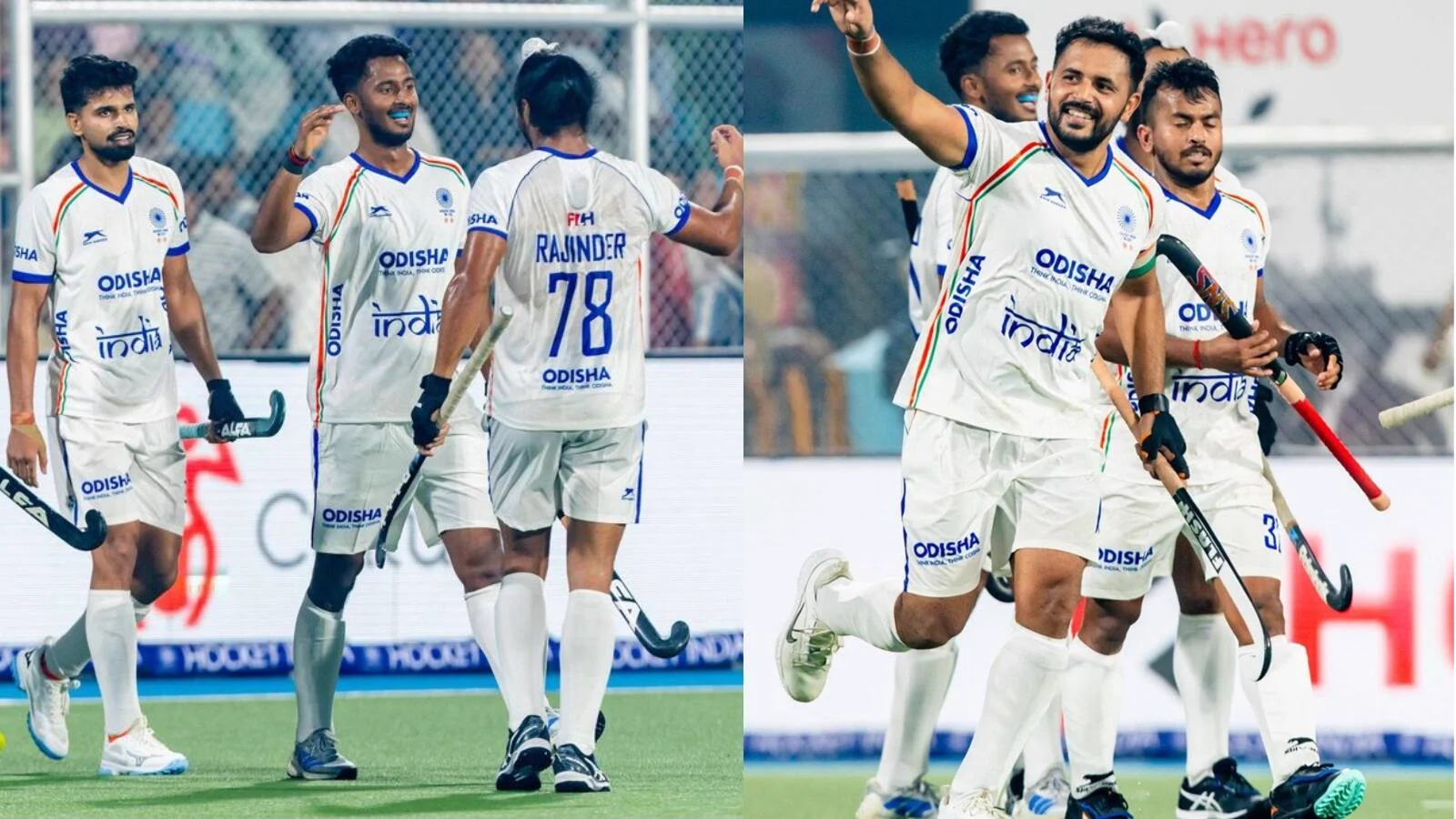 India hockey players celebrate a goal together on the field.