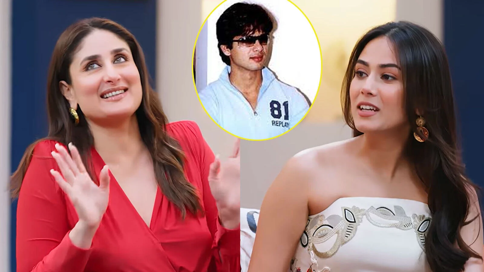 Kareena Kapoor and Mira Rajput on the show set, with an inset of a young Shahid Kapoor.
