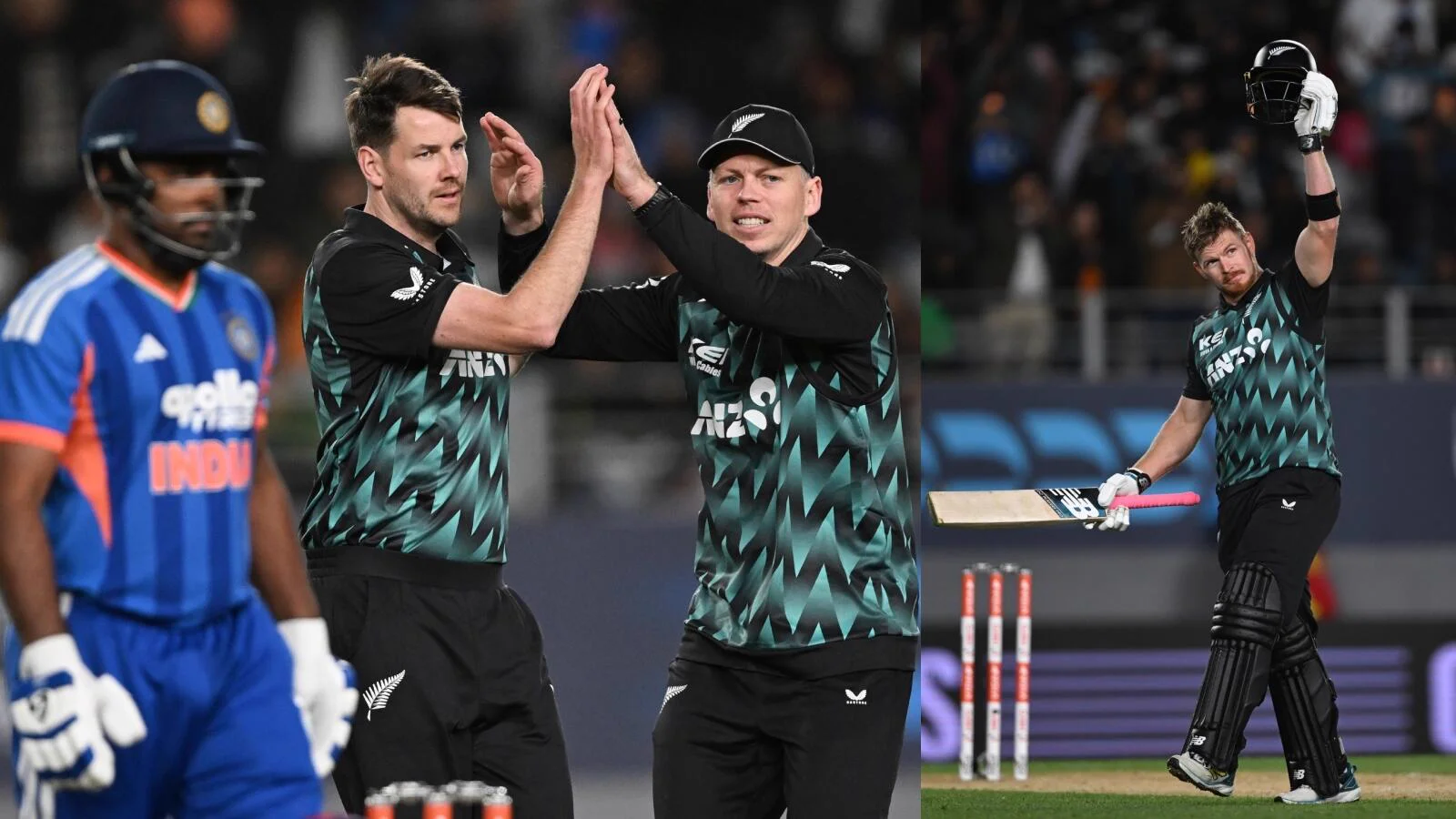 New Zealand players celebrate during the fourth T20I against India, with Glenn Phillips raising his helmet after his century.