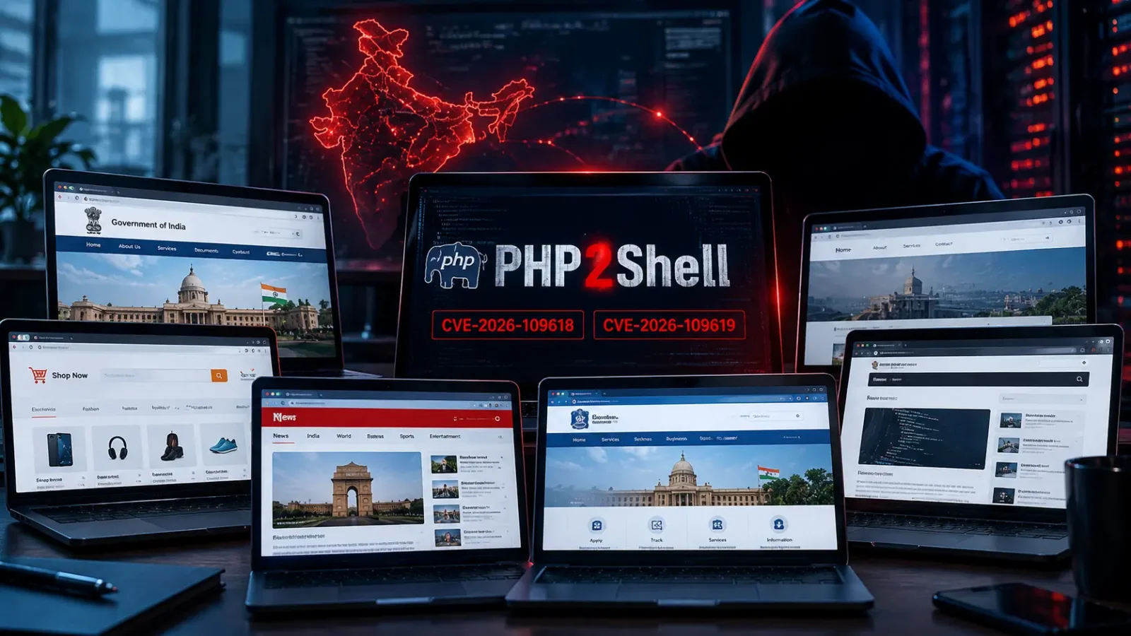 PHP Security Flaw: Indian websites on laptops under a PHP2Shell alert, with the India map in the background