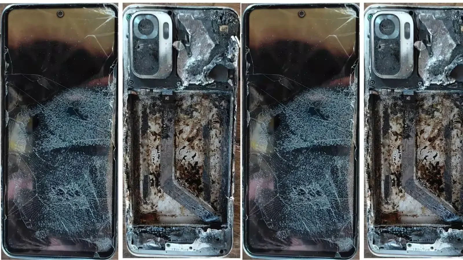 The burnt Redmi Note 10S phone after it exploded in Masauli, Barabanki