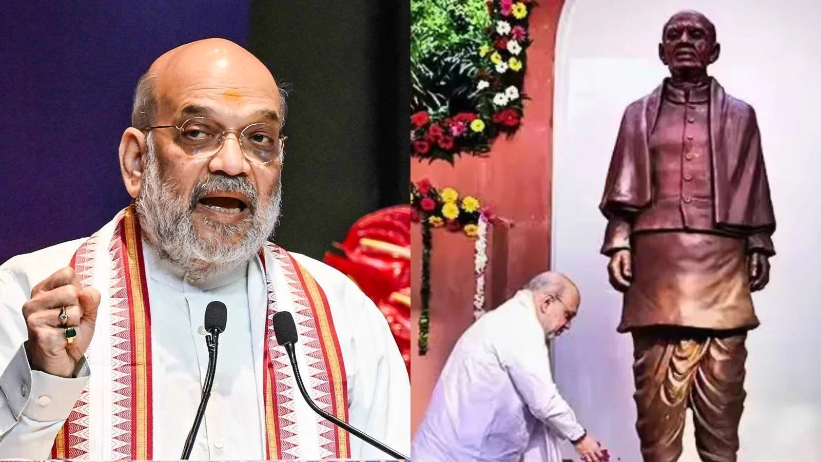 Amit Shah at a tribute event beside a statue of Sardar Patel.