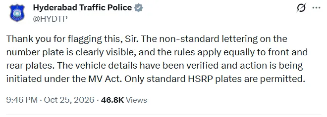 Hyderabad Traffic Police's revised reply on X.