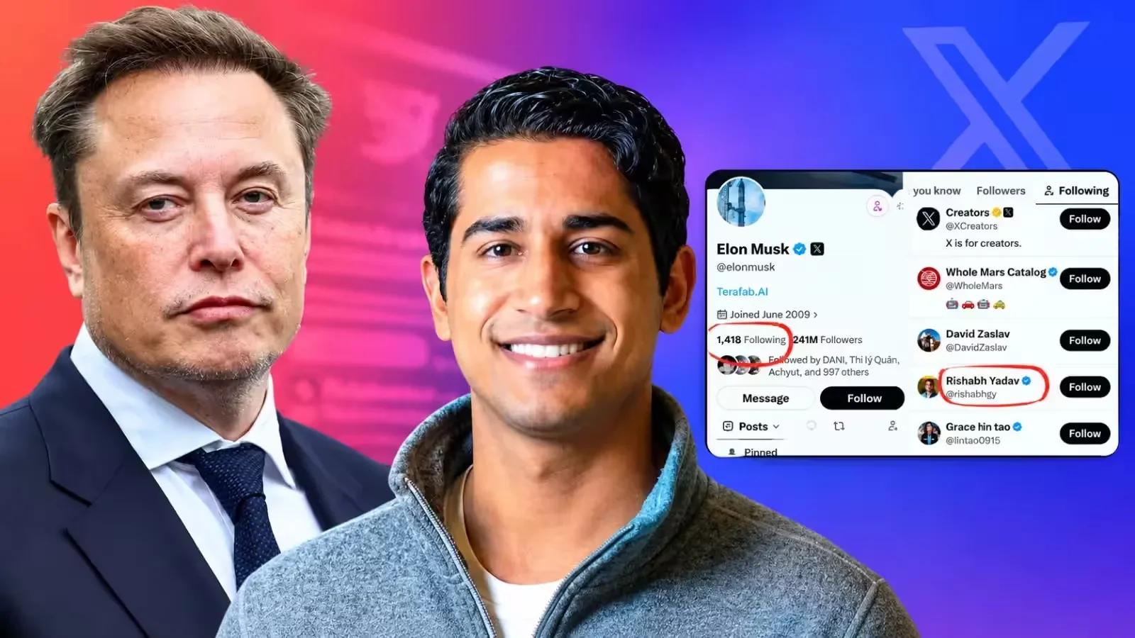 Elon Musk (left) and SpaceXAI engineer Rishabh Yadav, whom Musk follows on X