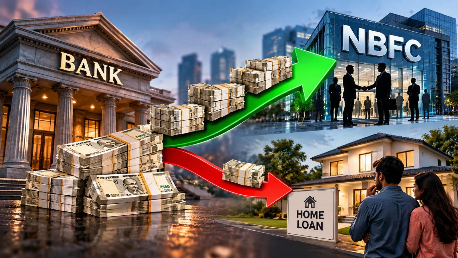 An illustration of bank lending flowing to NBFCs rather than home loans.