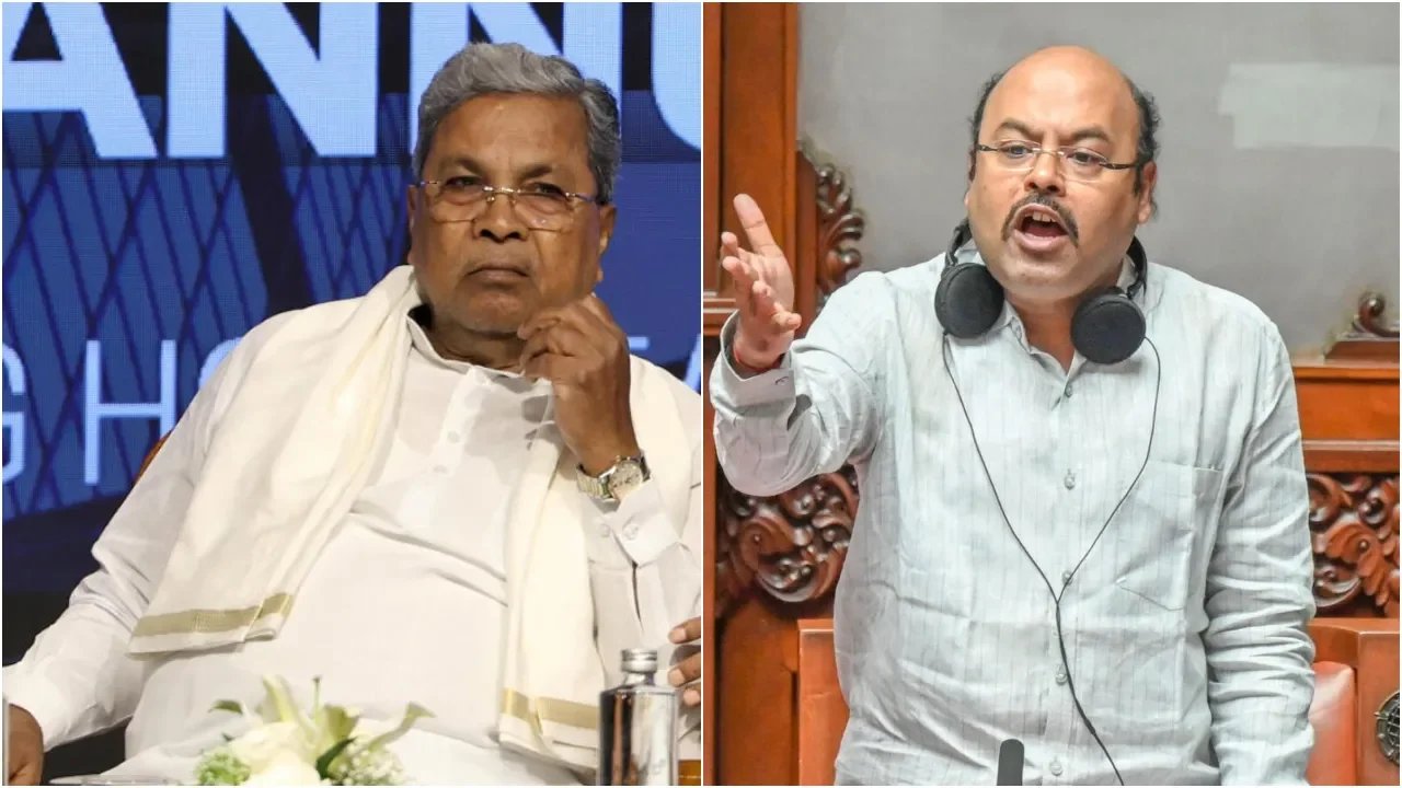 Siddaramaiah (left) and a Congress leader speaking in the Assembly (right)