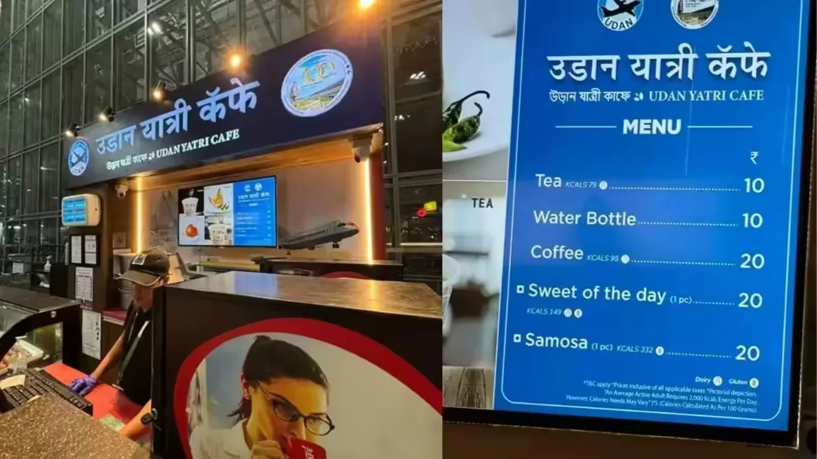 The Udan Yatri Cafe at Terminal 3, Delhi airport, with its low-cost menu on display.